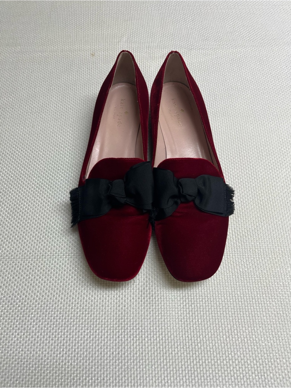 kate spade Burgundy Velvet Loafers with Black Bow